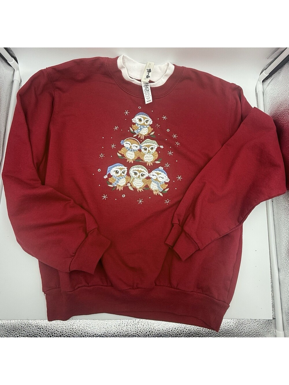 Morning Sun VTG Women's Medium maroon Christmas Owls Crewneck Sweatshirt Holiday